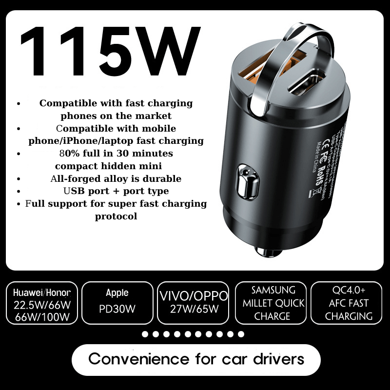 Car Charger, Car Multifunctional Mini Hidden Car Charger, PD30W+QC3.0 Fast Charging